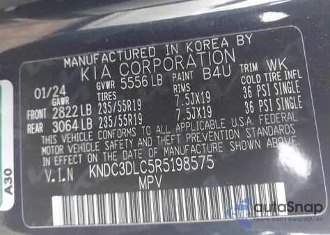 2024 Kia Ev6 Wind z USA, uszkodzony, nr VIN KNDC3DLC5R5198575